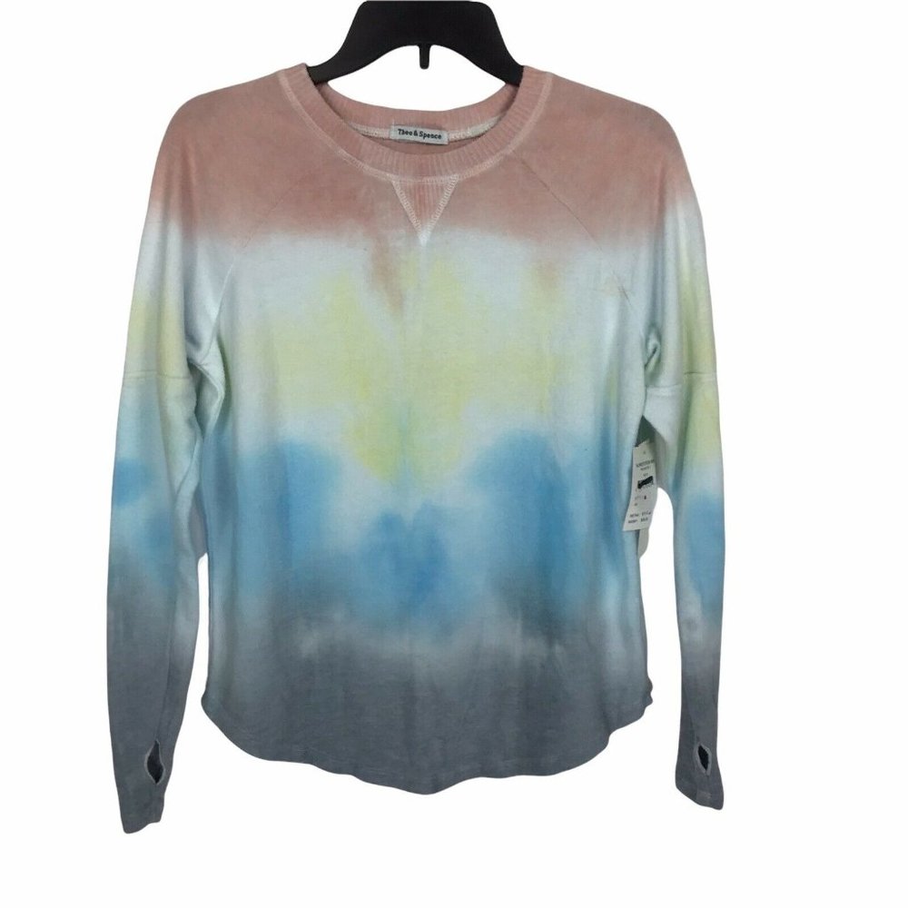 Theo & Spence Tie Dye Thumbhole Crew Neck Top Sweater Rainbow Stripe Size XS